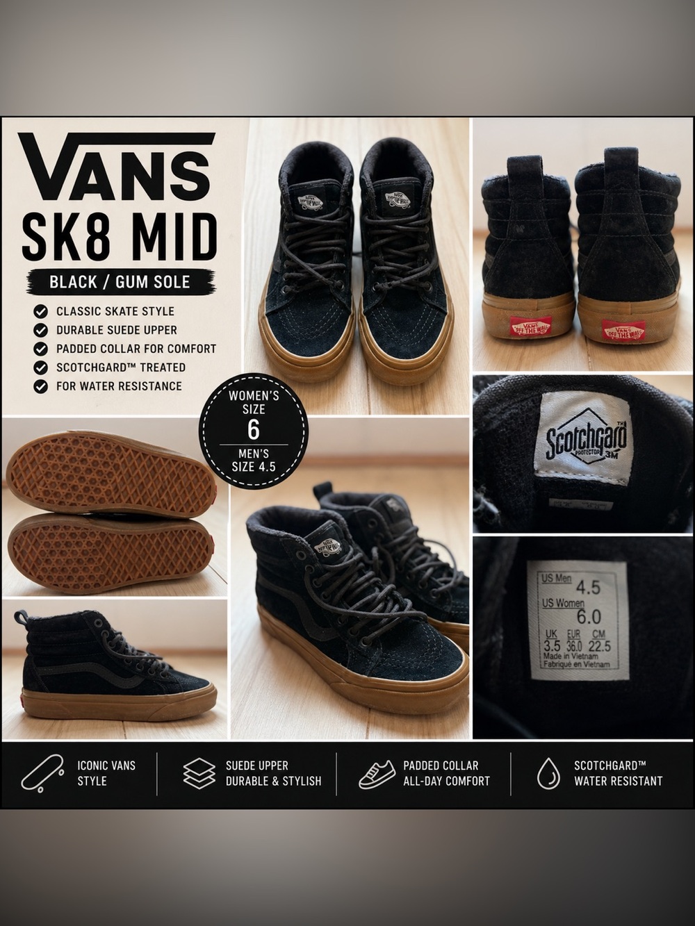 Vans Sk8 Mid Black Gum Sole Sneakers Womens 6 / Mens 4.5 Suede High Top Skate
